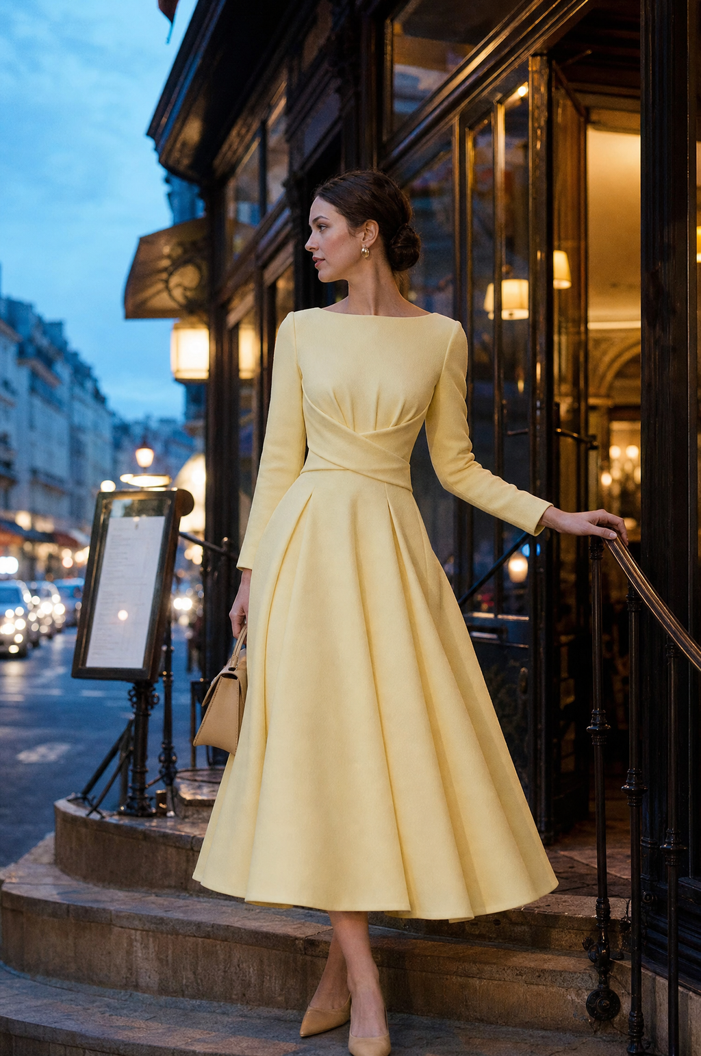 Cross Waist Boat Neck Fit Flare Midi Crepe Dress