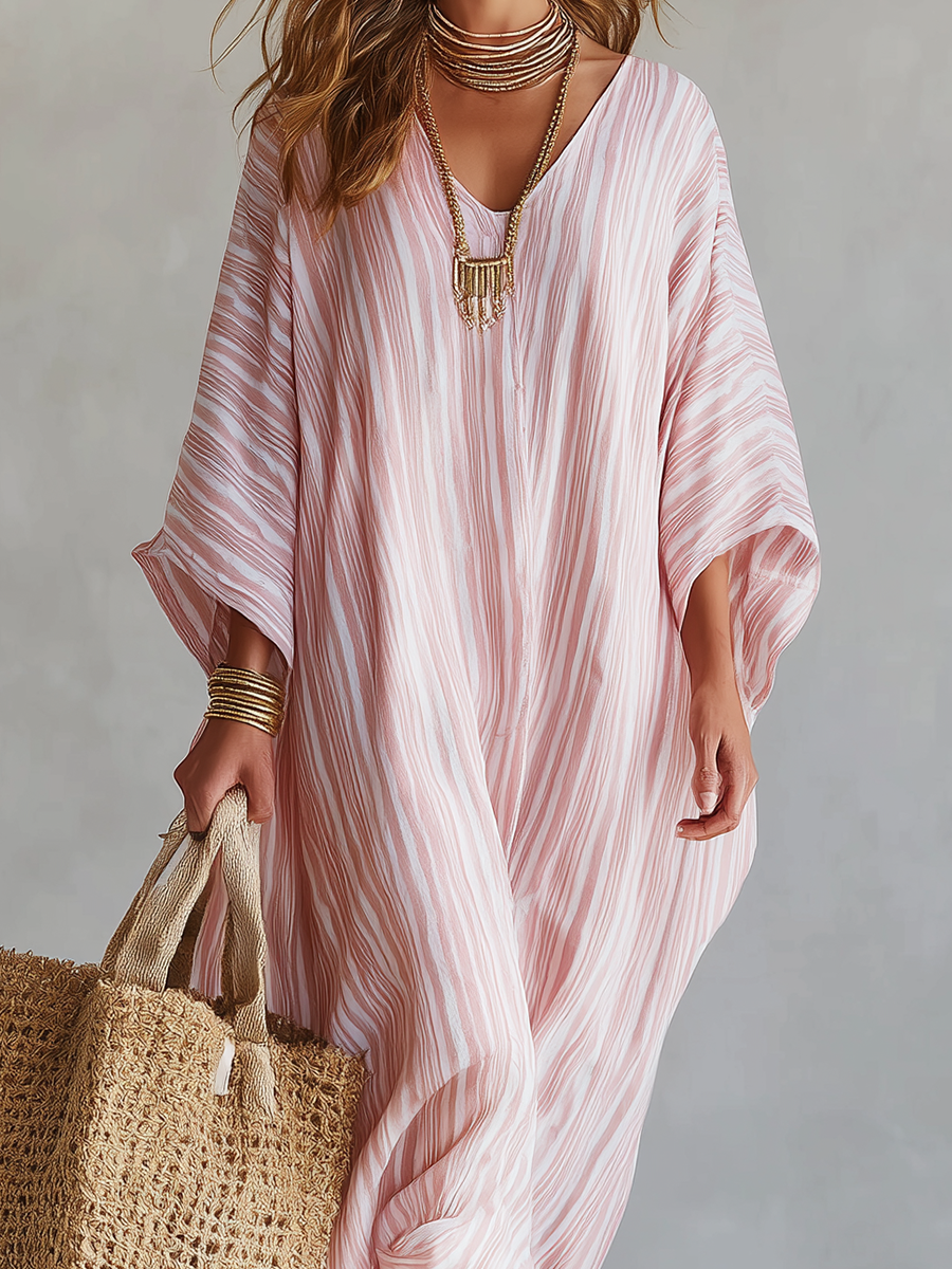 Bohemian-style Soft Pink Striped Kaftan Dress