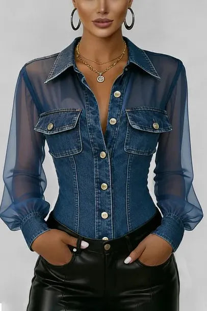 Women's Fashion Lapel Organza Panel Denim Top