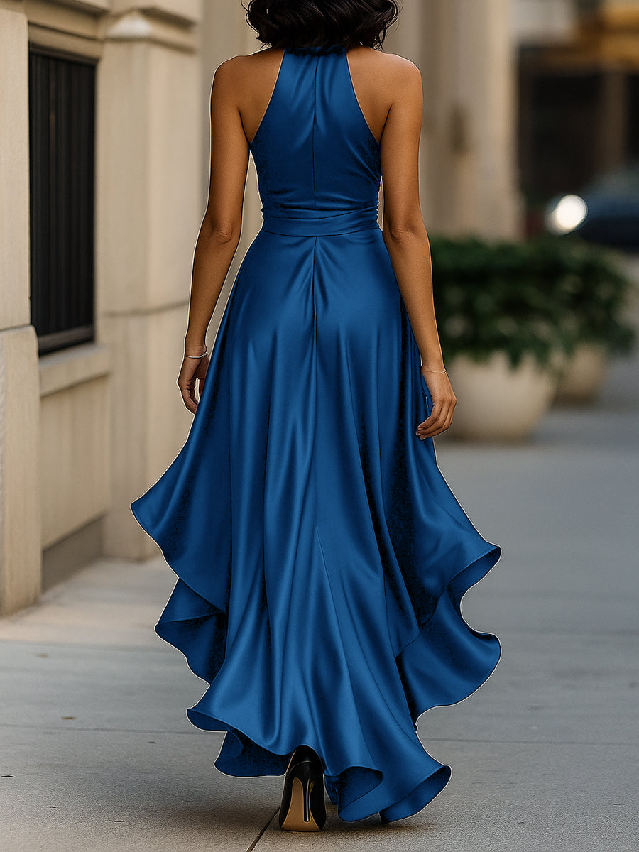 Midnight Elegance Satin Halter Ruffle Gown