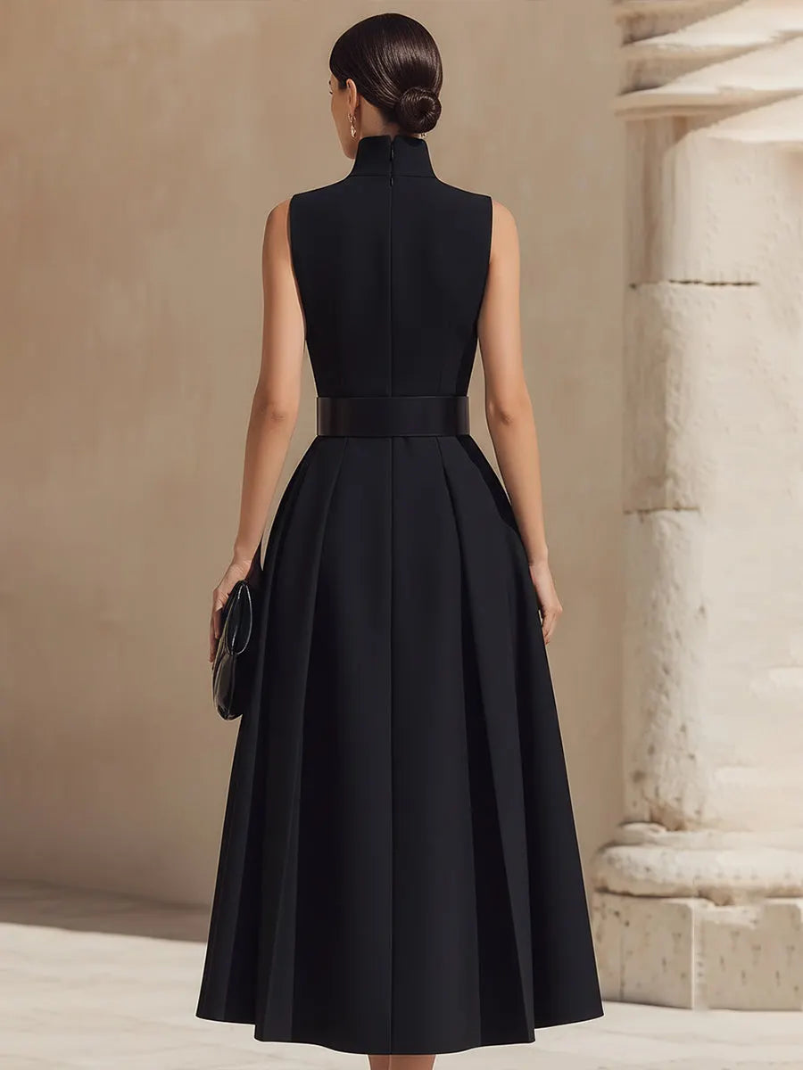 Belted High-Neck Pleated Maxi Dress