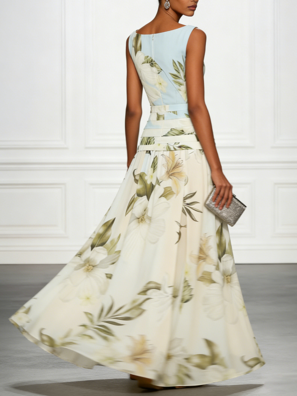 Blue And White Floral Ruffled Boat Neck Sleeveless Maxi Dress