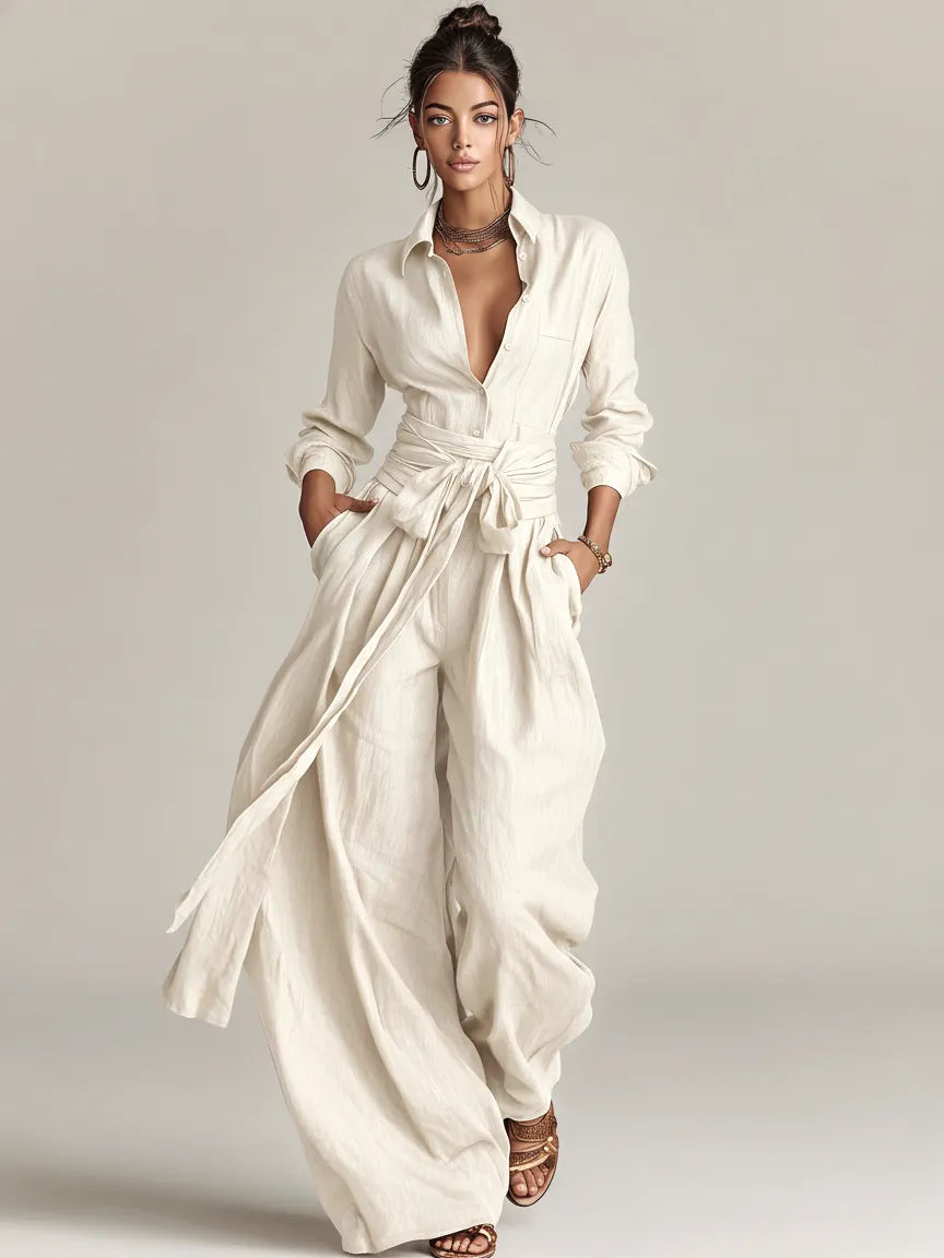 Women's Elegant Brown Woven Cotton-linen Long-sleeved Shirt Collar Jumpsuit With Belt MDA1965L9AN
