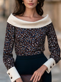 Wide Contrast Fold Collar Printed Blouse