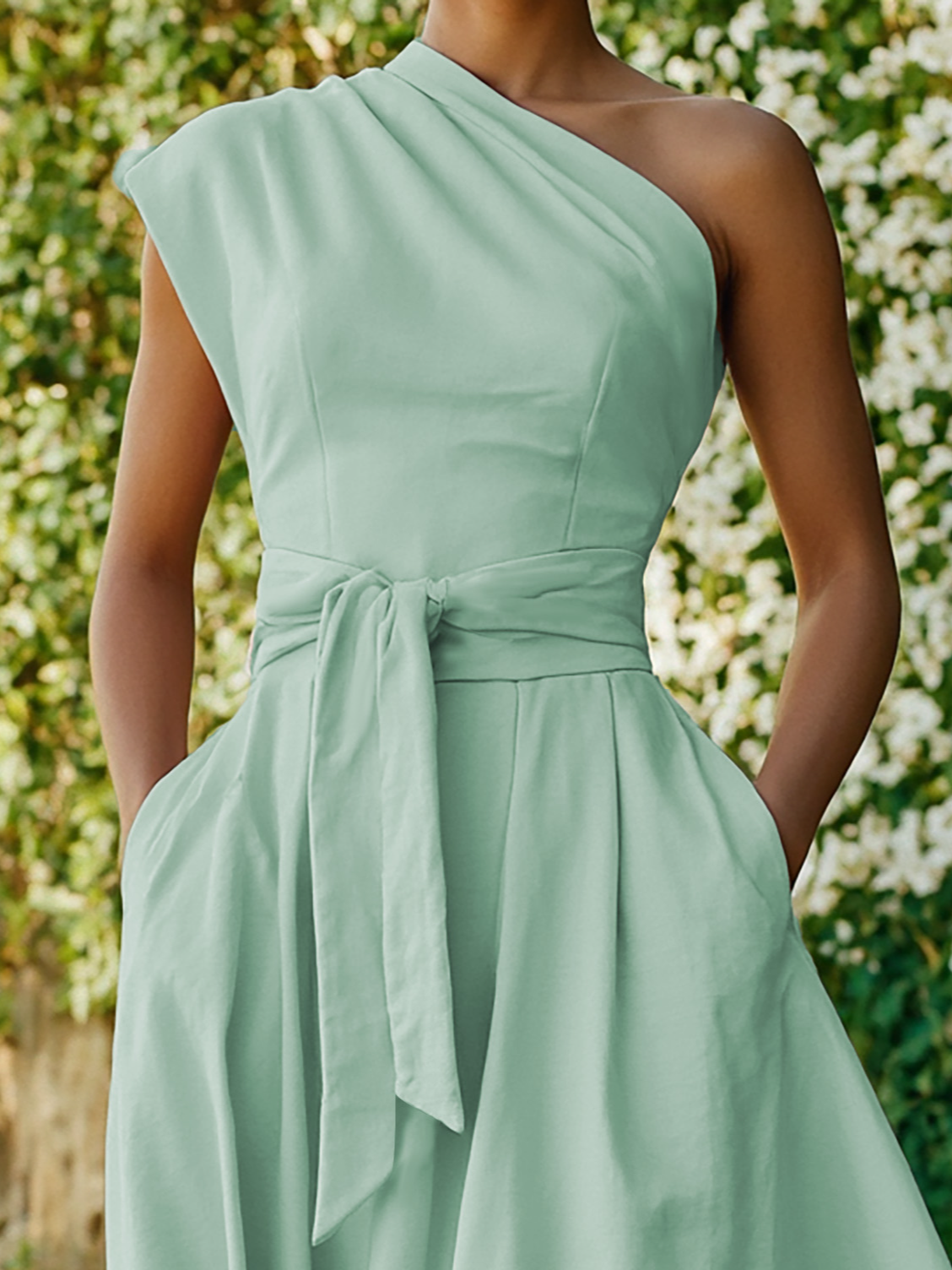 Maxi Cotton Dress , Sleeveless, One shoulder, Plain, Belt Design, Vintage, Light Pink