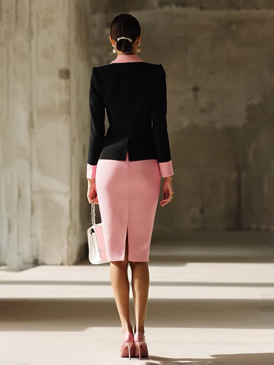 【24-hour shipping out】Black Contrast Pink Knitted Jacket And Skirt Set