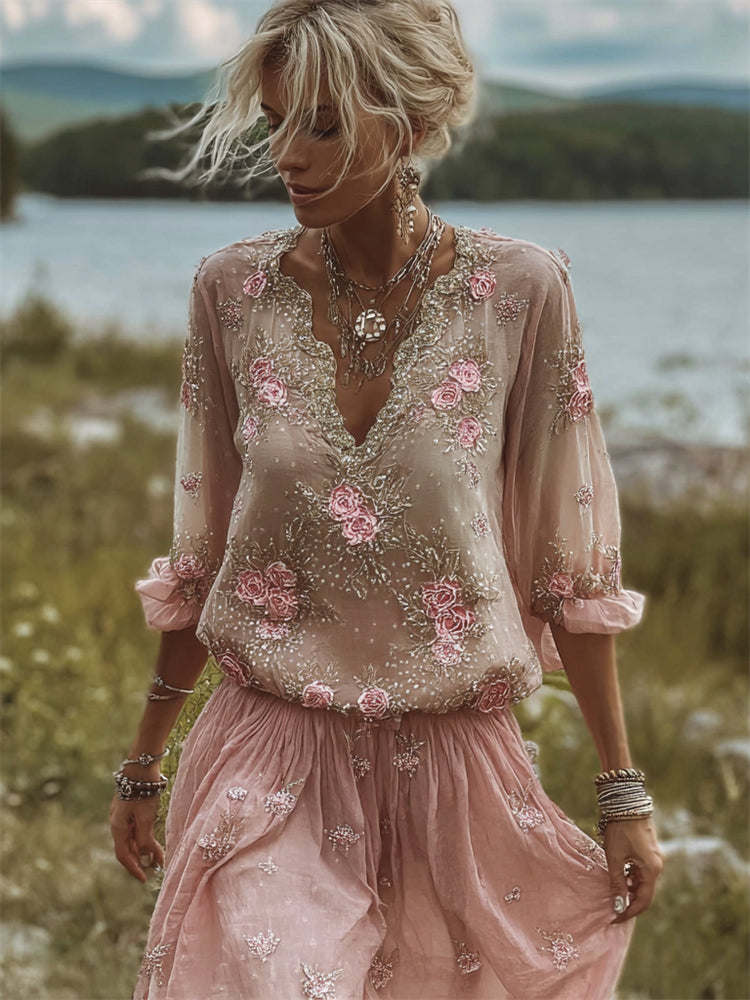 Boho Pink Roses Embroidered Lace Trim Flowy Linen Tunic