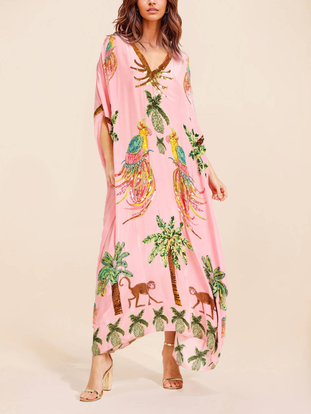 Unique Drop Shoulder Sleeve Coconut Tree Printed Dress