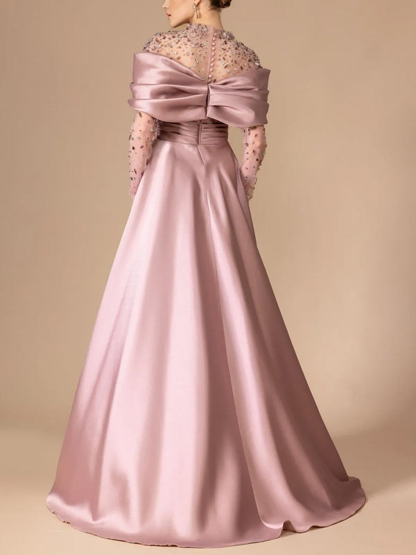 Round Neck Lace Long Sleeve Solid Color Maxi Dress