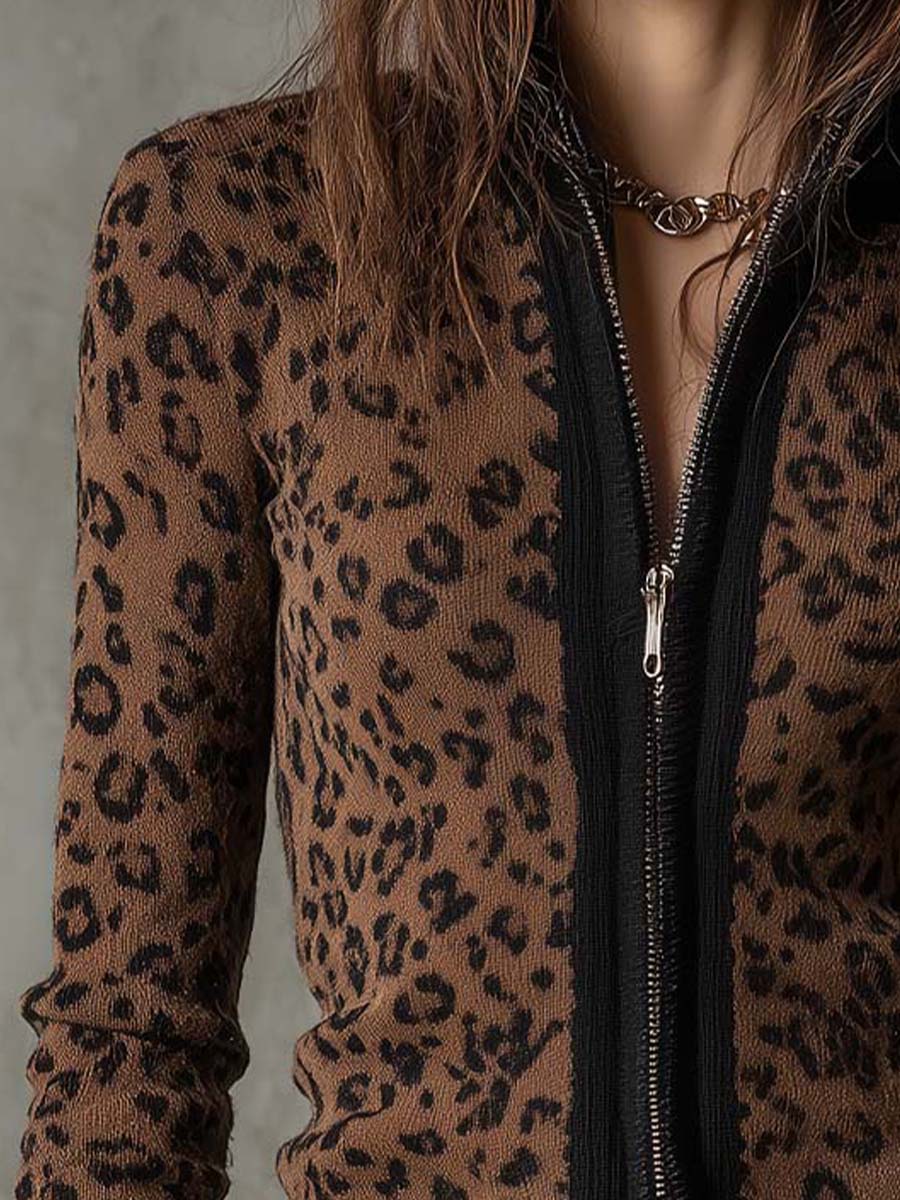 Vintage Leopard Print Slim Fit Zip Cardigan