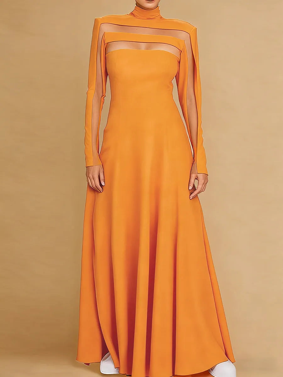 A-Line Long Sleeves Split-Joint High Neck Maxi Dresses