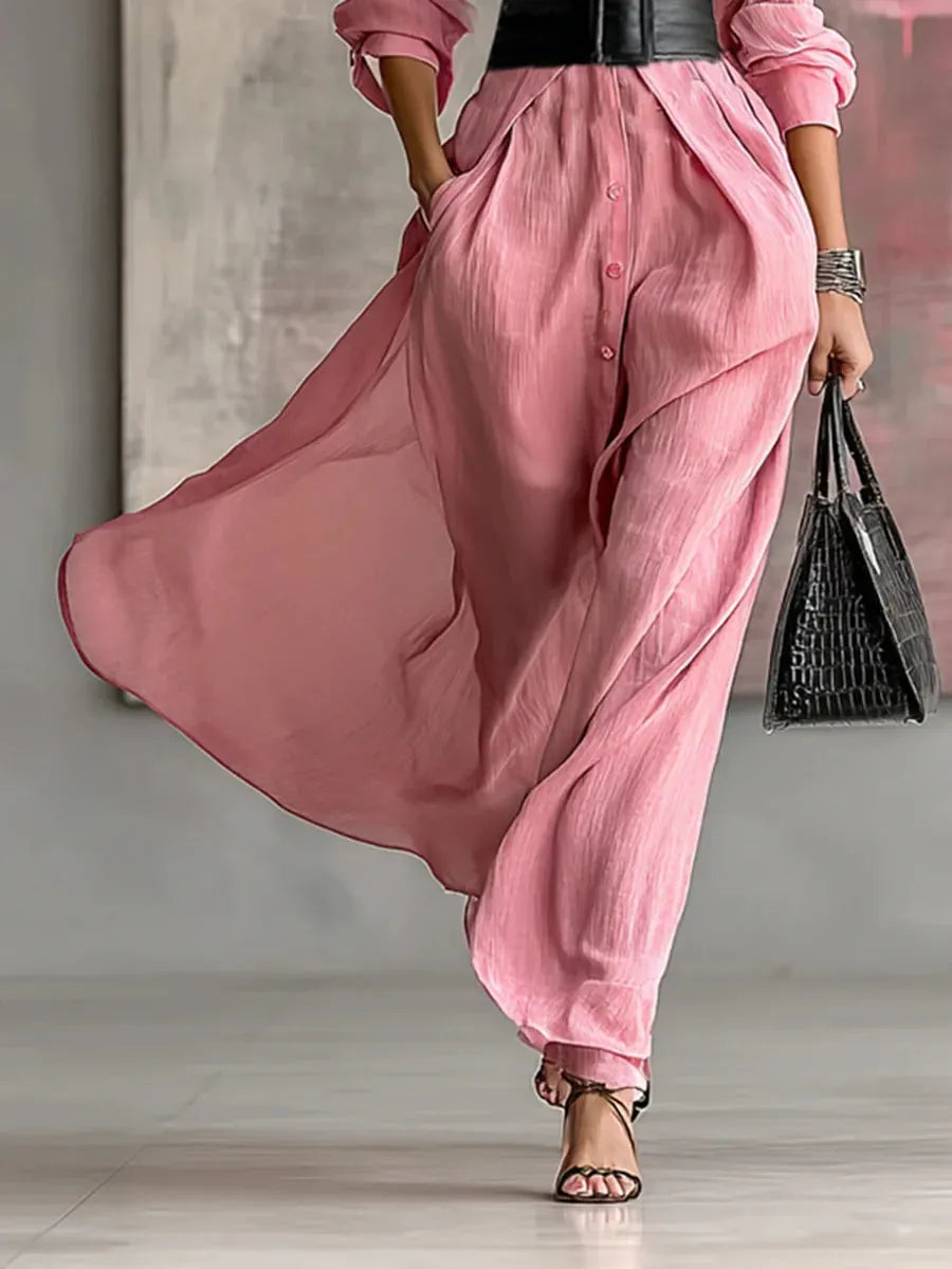 Pink Lapel Long-sleeved Single-breasted Tie-down Maxi Shirt Dress