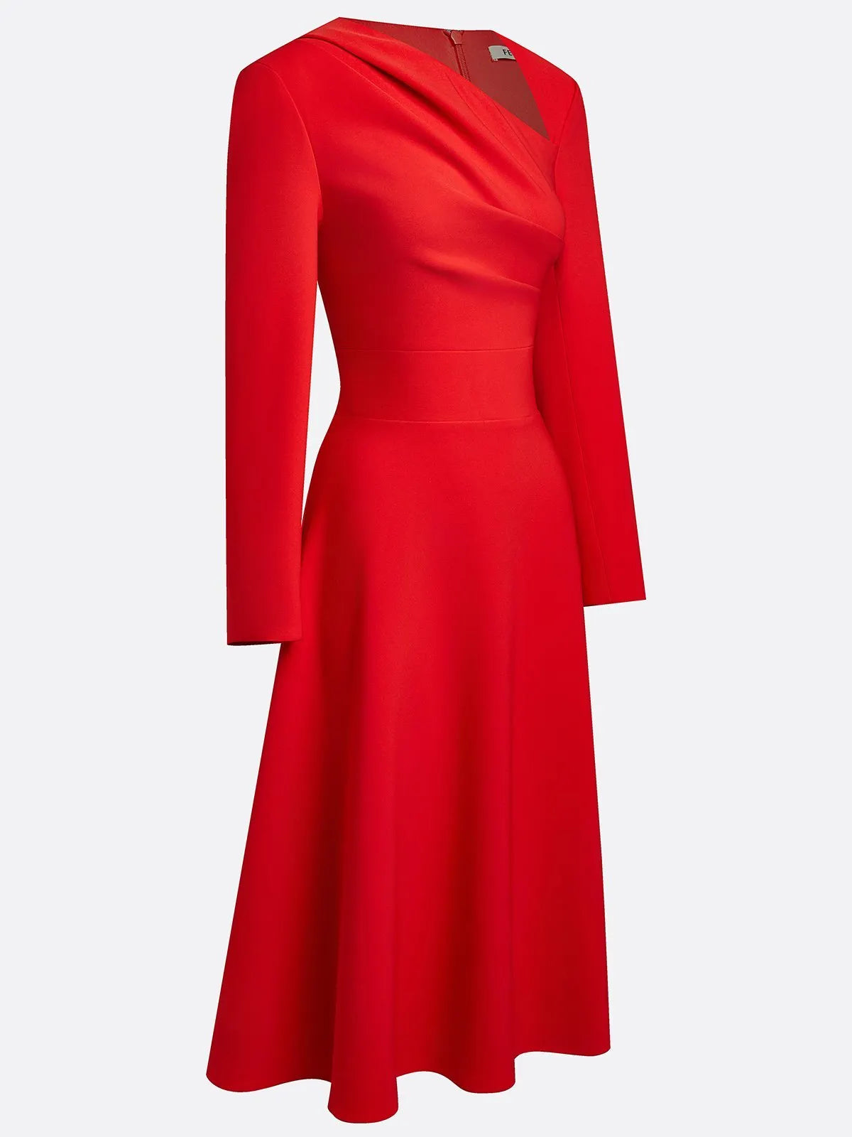 Red Classic Asymmetrical Long Sleeve A-Line Midi Dress