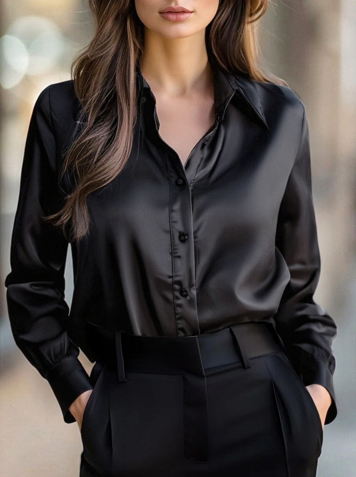 Elegant Black Satin Long Sleeves Blouse