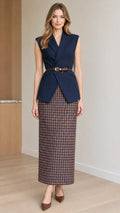 Tailored Sleeveless Belted Blazer Vest and Houndstooth Maxi Skirt Set