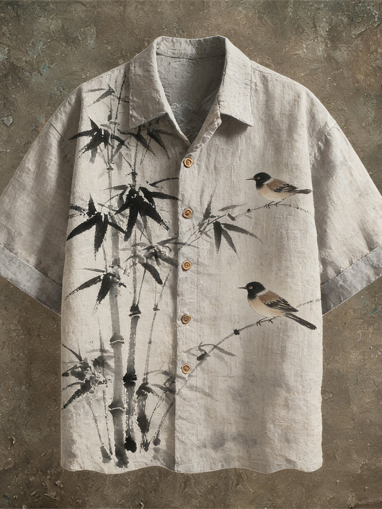 Japanese Ink Painting Art Linen Short Sleeve Shirt