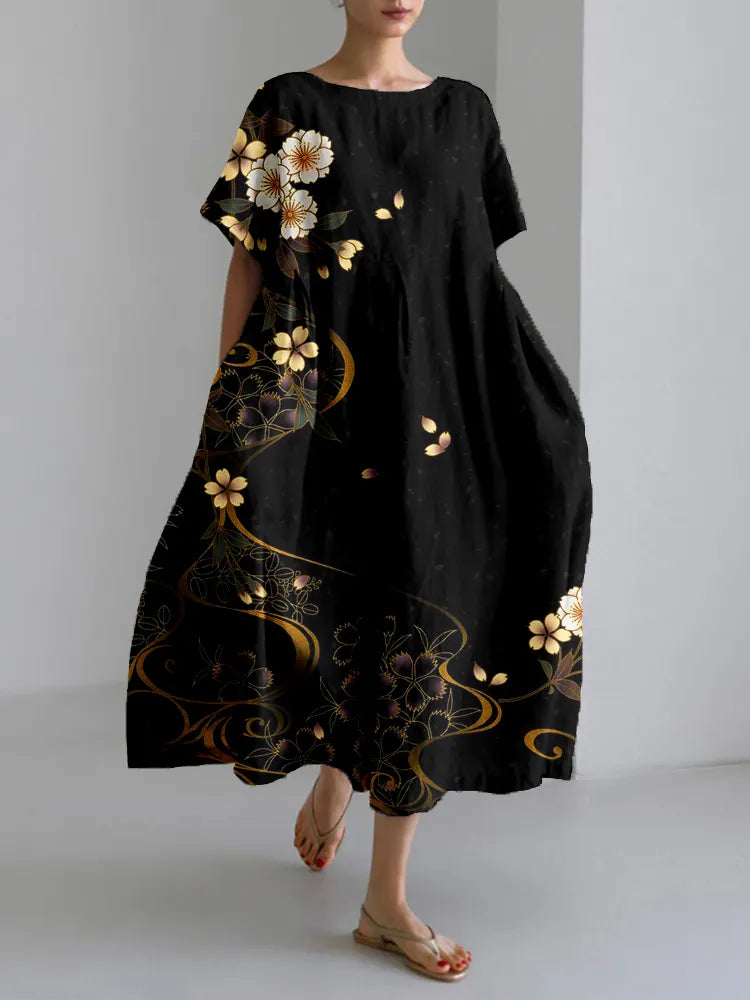 Japanese Cherry Blossoms Art Linen Blend Maxi Dress
