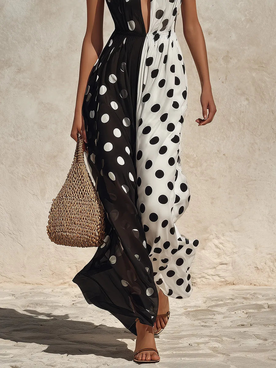 Vintage Polka Dot Chiffon Halter Neck Maxi Dress