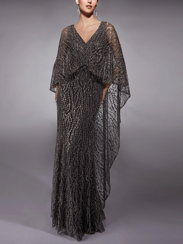 V-Neck Lace Sequins Maxi Dress