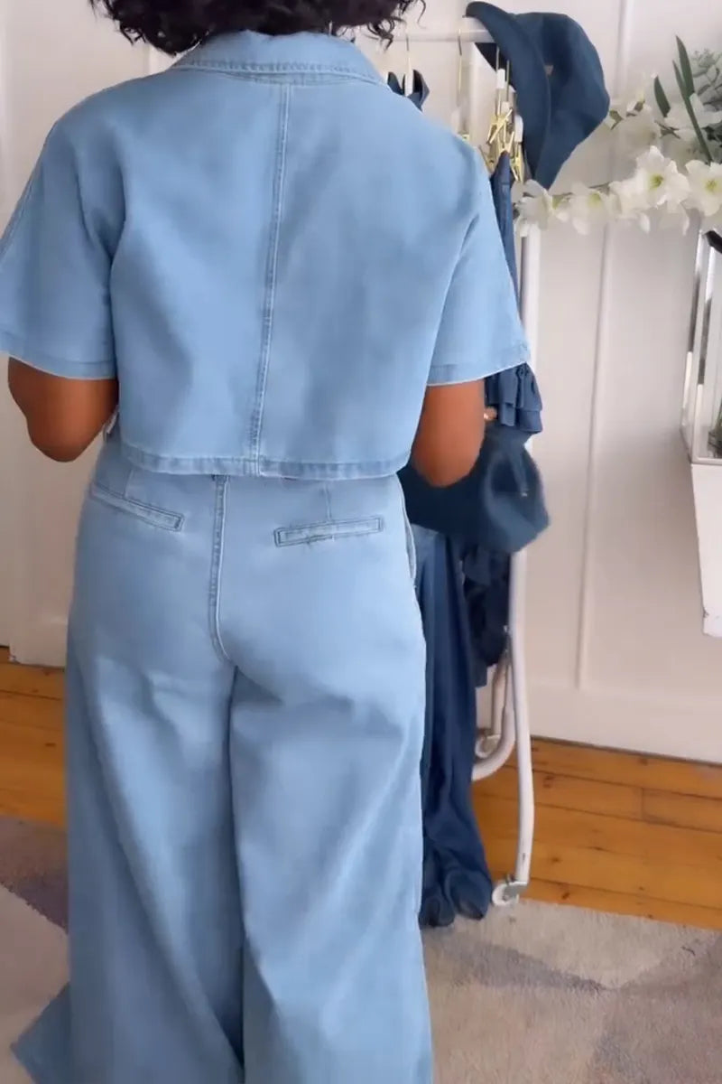 Women's Casual V-Neck Denim Top or Faux Two-piece Jeans