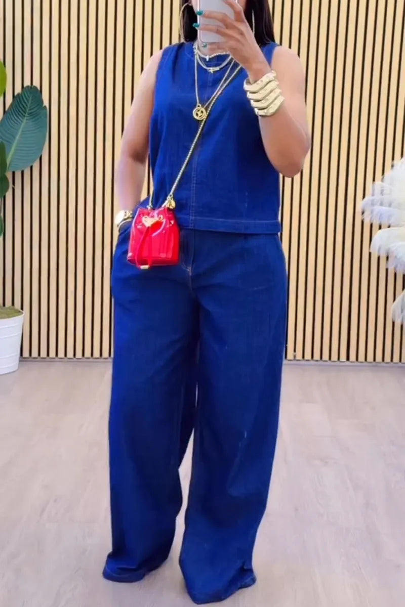 Women's Casual Crewneck Sleeveless Denim Vest or Wide Leg Jeans