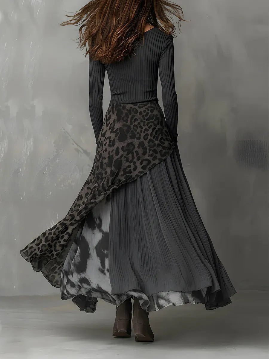 Grey Pit Stripe Leopard Print Splicing Irregular Hem Maxi Dress