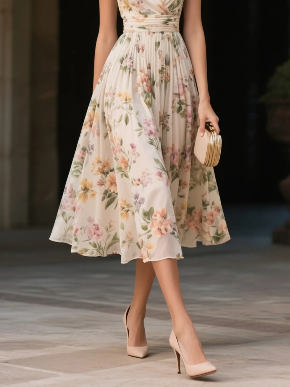 Beige Ruched Floral Chiffon V Neck Sleeveless A-Line Midi Dress