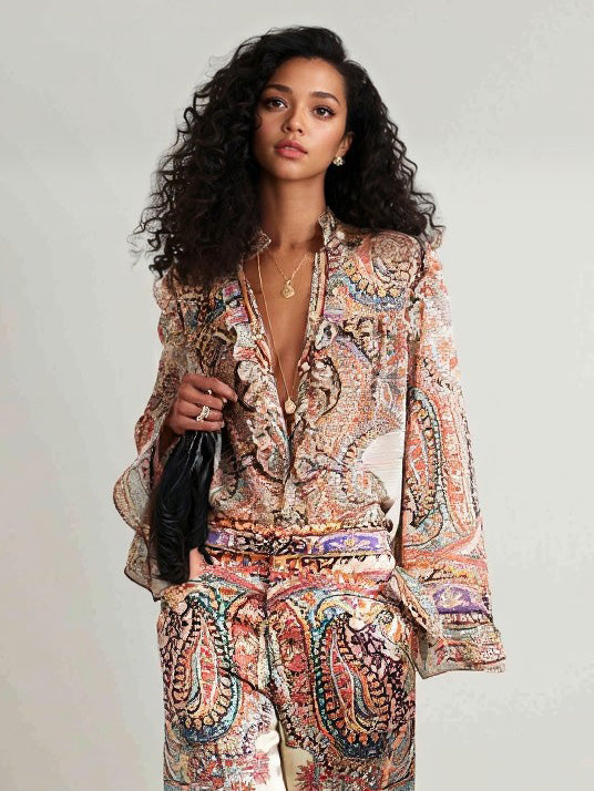 Exquisite Vintage Paisley Print Wide-leg Pants