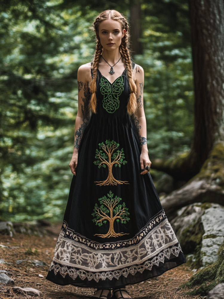 Tribal Celtic Knot Life Of Tree Lace Patchwork Art Linen Tank Dress