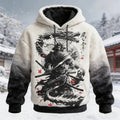 Men's Dragons And Samurai Japanese Ink Art Print Casual Flannel Hoodie