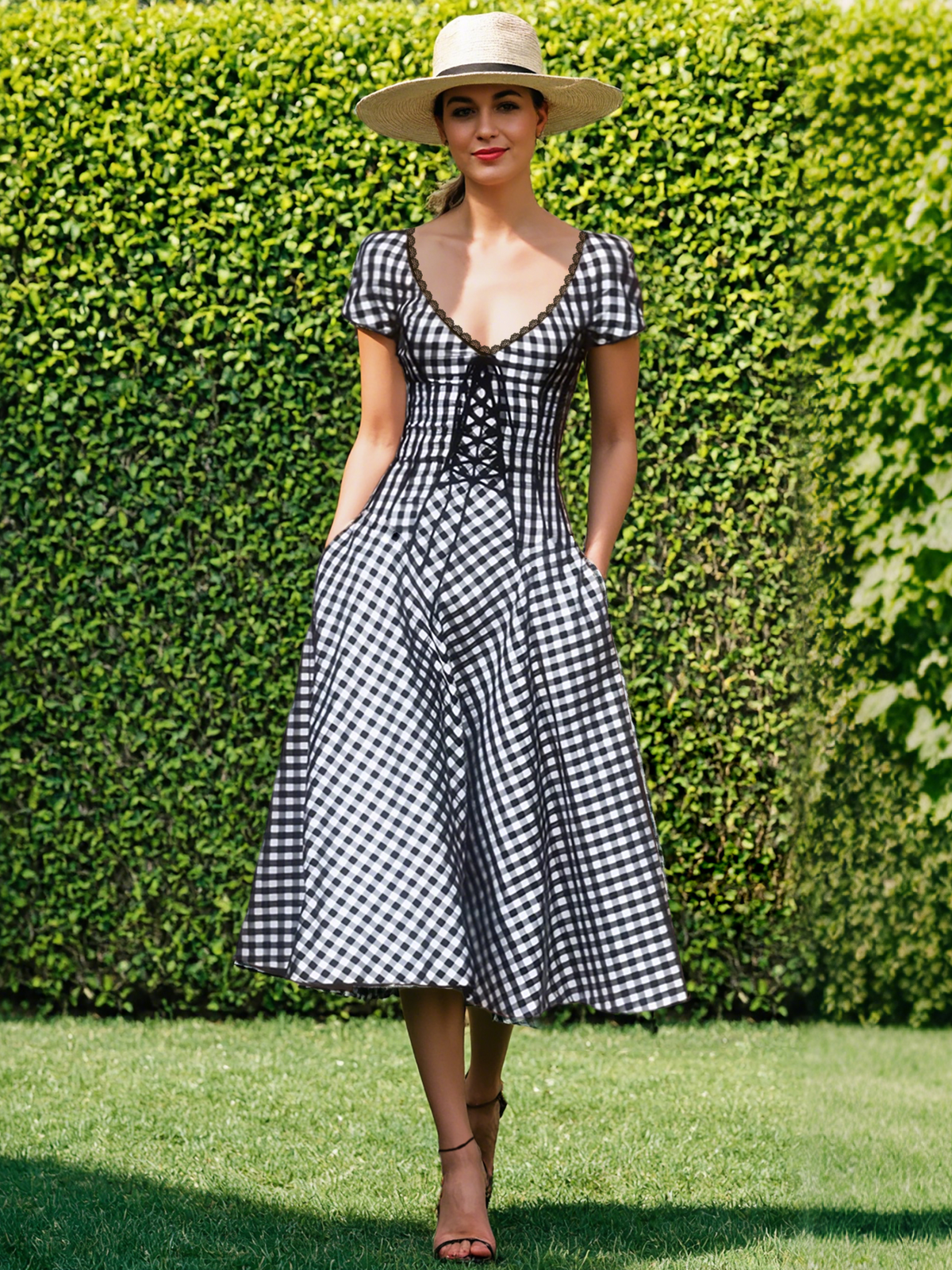 Cotton Midi Dress, Short Sleeve, Lace Collar, Plaid, Vintage, White
