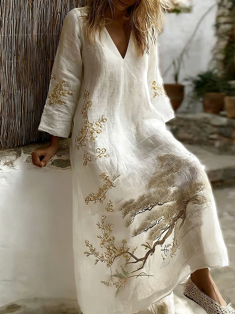 Women's Japanese Cherry Blossom And Pine Tree Art Pattern Linen Dress