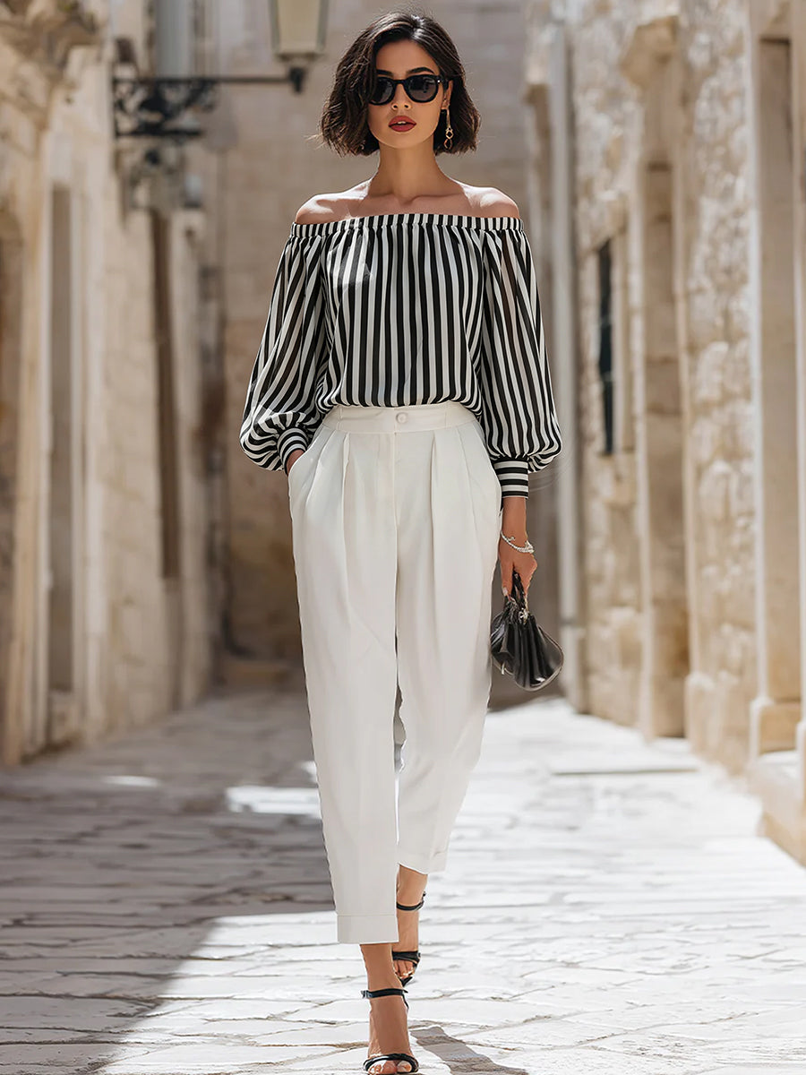 Chic Off-the-Shoulder Striped Blouse & High-Waisted Tailored Trousers Set