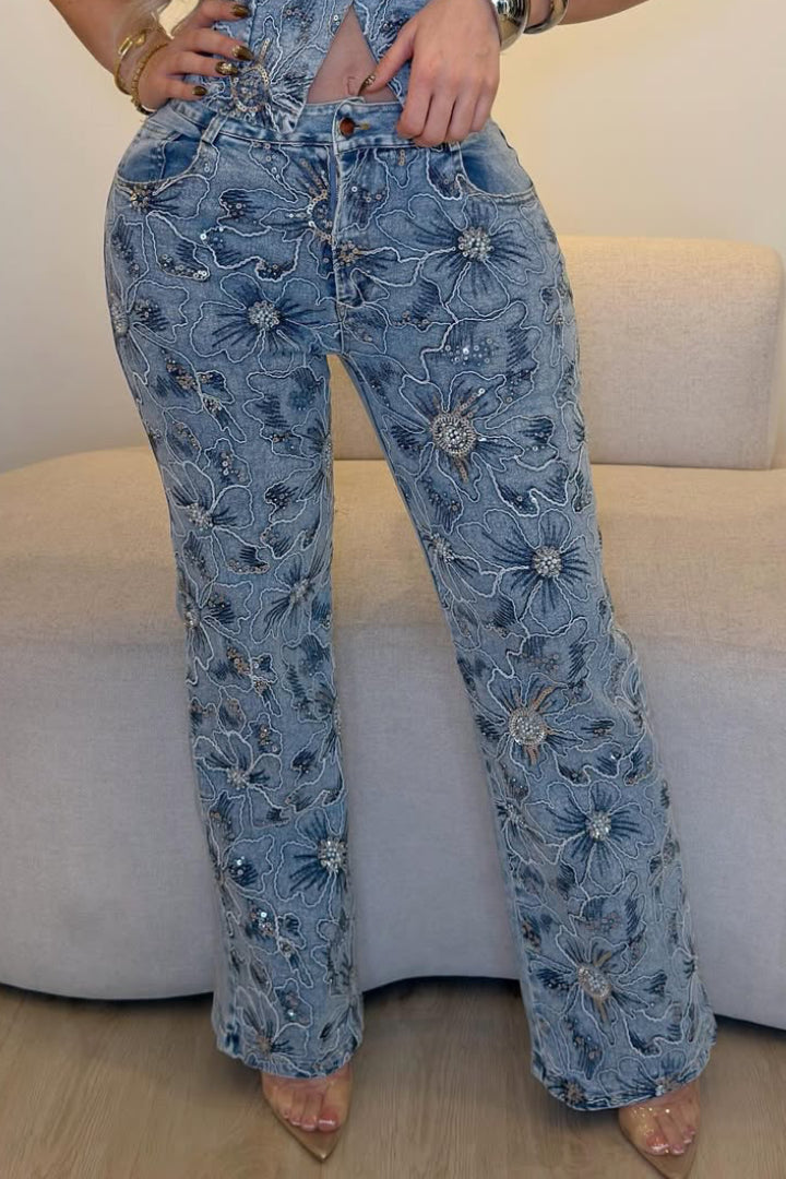 Women's Heavy Sequined Floral Embroidered Denim Two-Piece Set