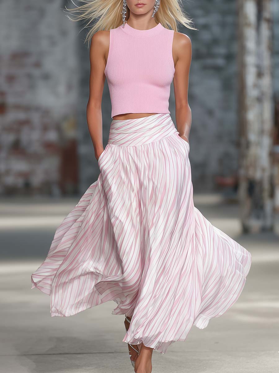 Elegant Retro Flowy Pink Knit Top And Striped Chiffon Skirt Set