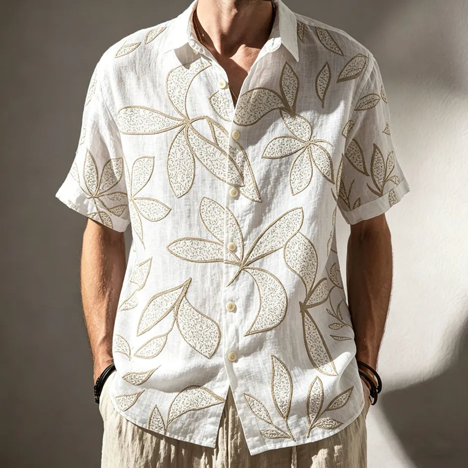 Men's Plant Embroidery Design Spring And Summer Casual Linen Short-sleeve Shirt