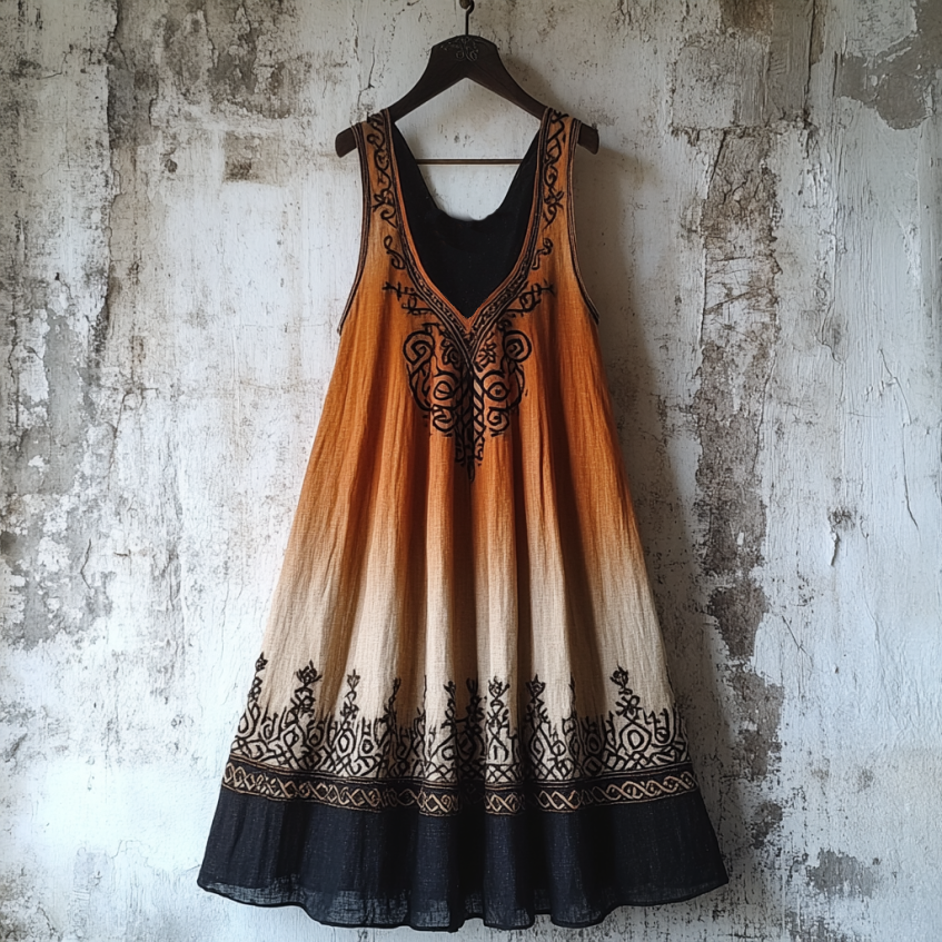 Vintage Tribal Celtic Knot Life Of Tree Patchwork Art Linen Tank Dress