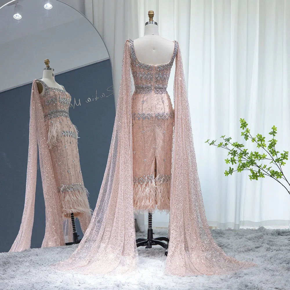 Dreamy Vow Bling Gray Mermaid Arabic Evening Dress with Cape Luxury Feather Dubai Formal Dresses for Women Wedding Party 279