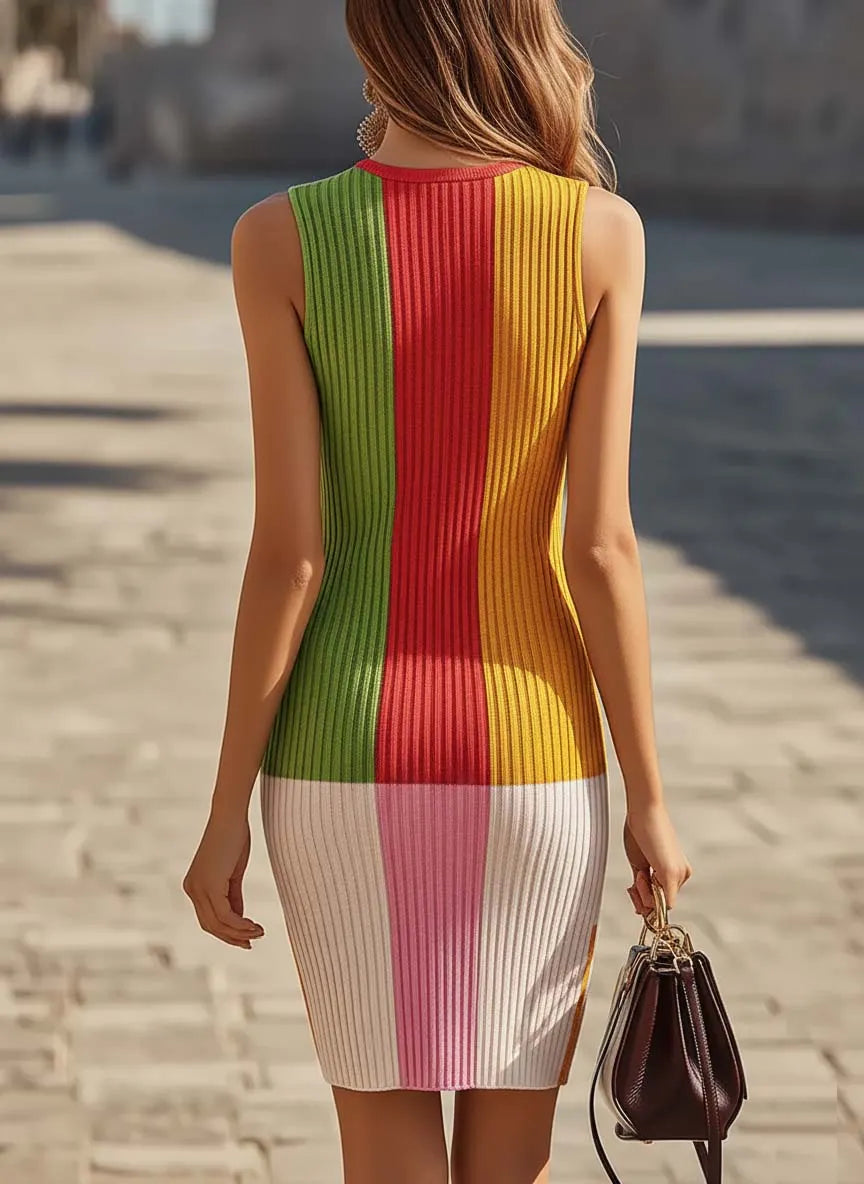 24-Hour-Shipping Colorful Block Stitching Sleeveless Midi Knit Dress
