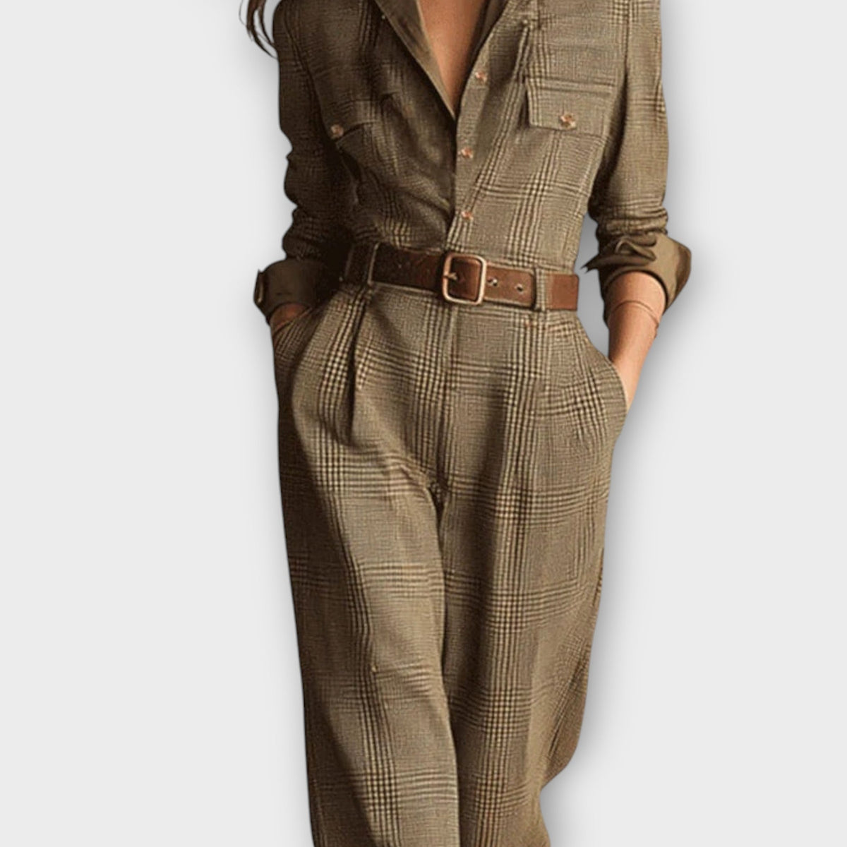 Tailored Plaid Belted Jumpsuit