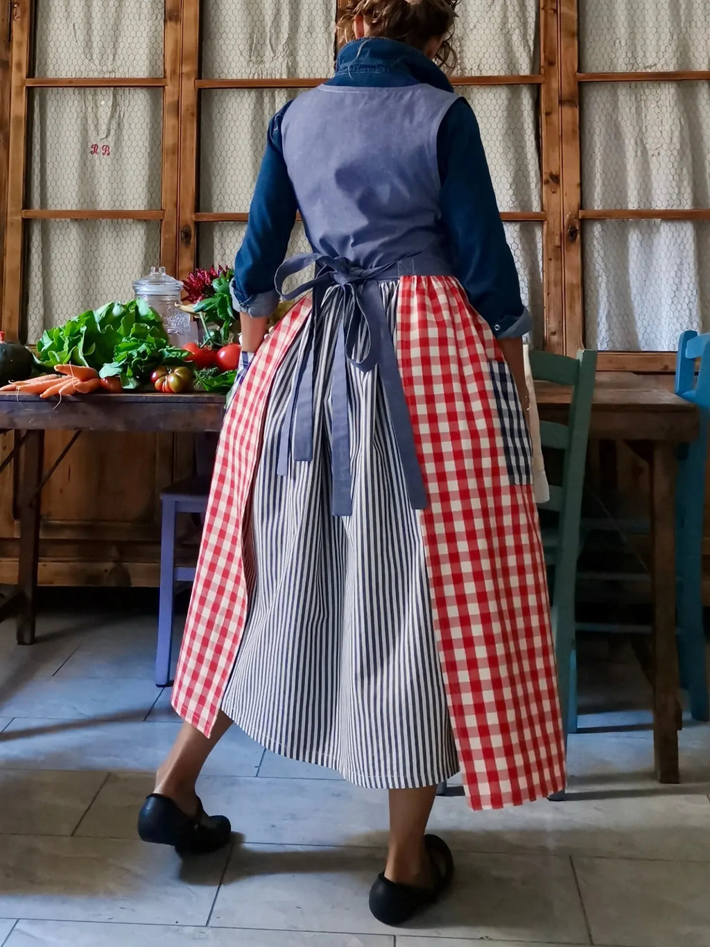 Blue and Red Striped and Checked Patchwork Apron