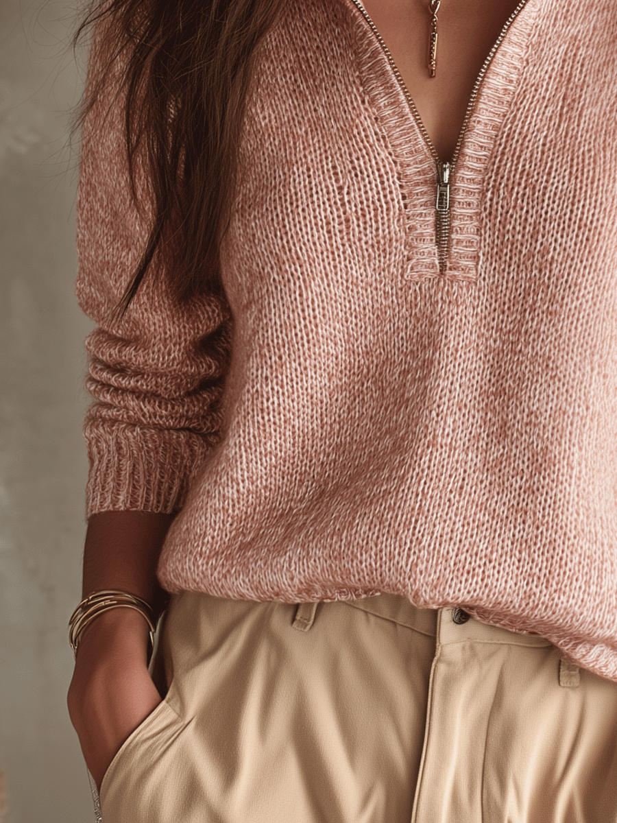 Relaxed Half-Zip Knit Pullover In Vintage Blush