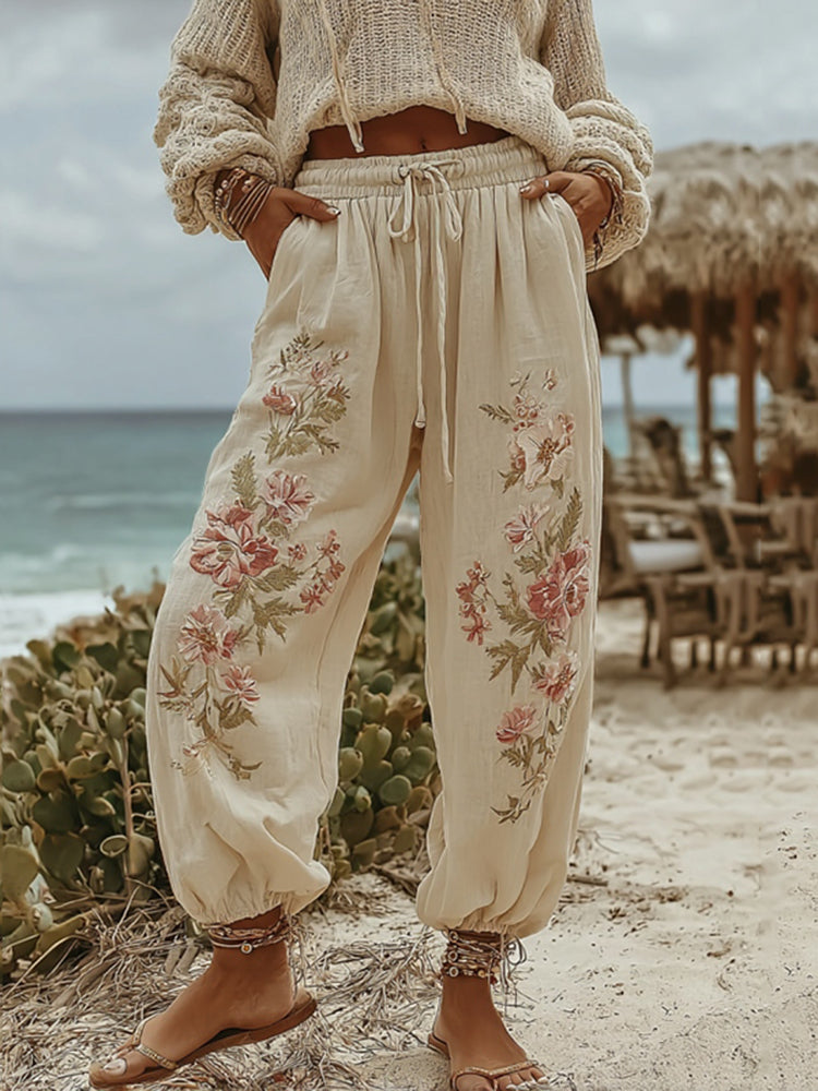 Women's Vintage Embroidery Floral Art Casual Sweatpants