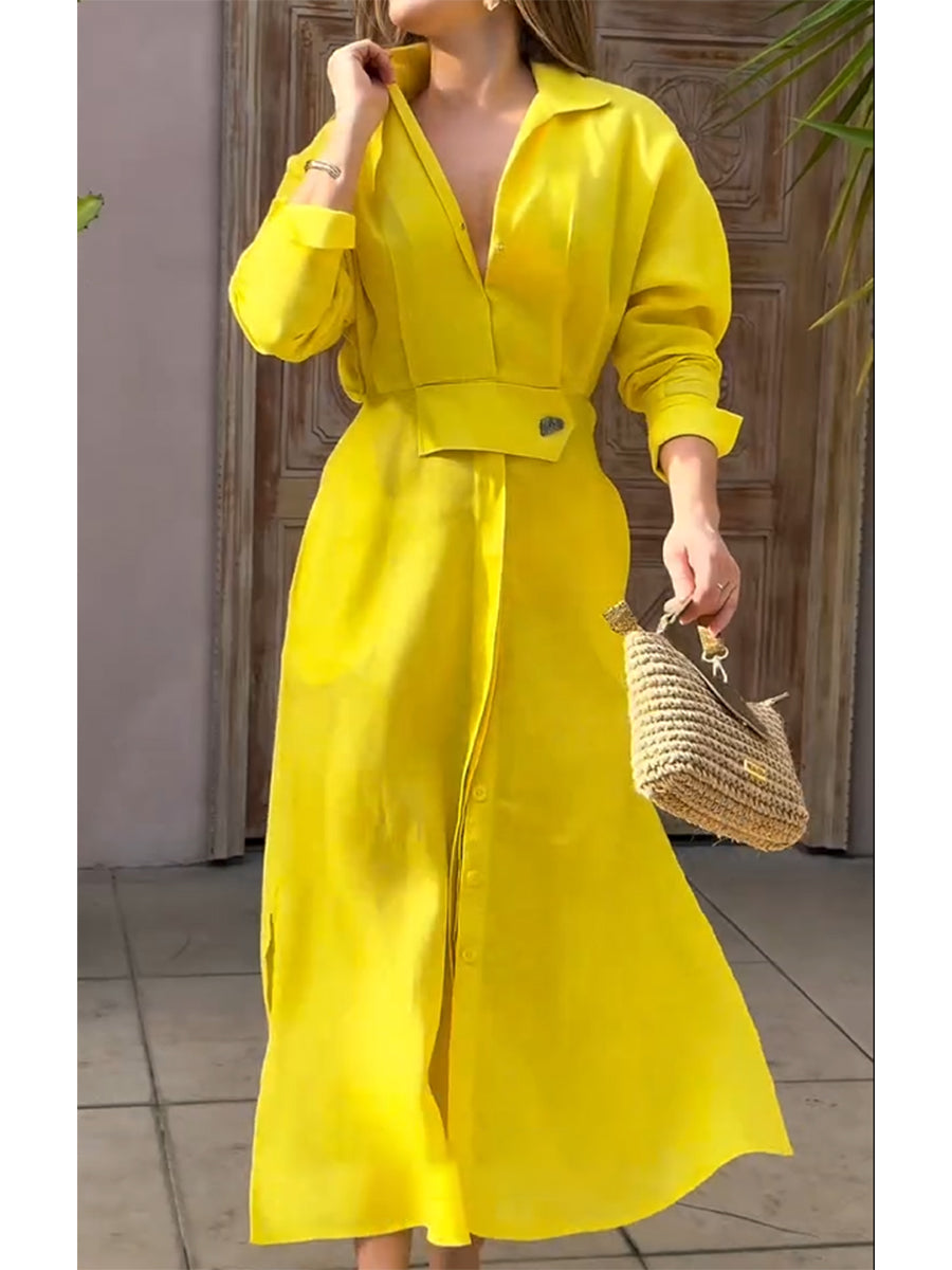 Women's Waisted Linen Cotton Long Sleeve Dress