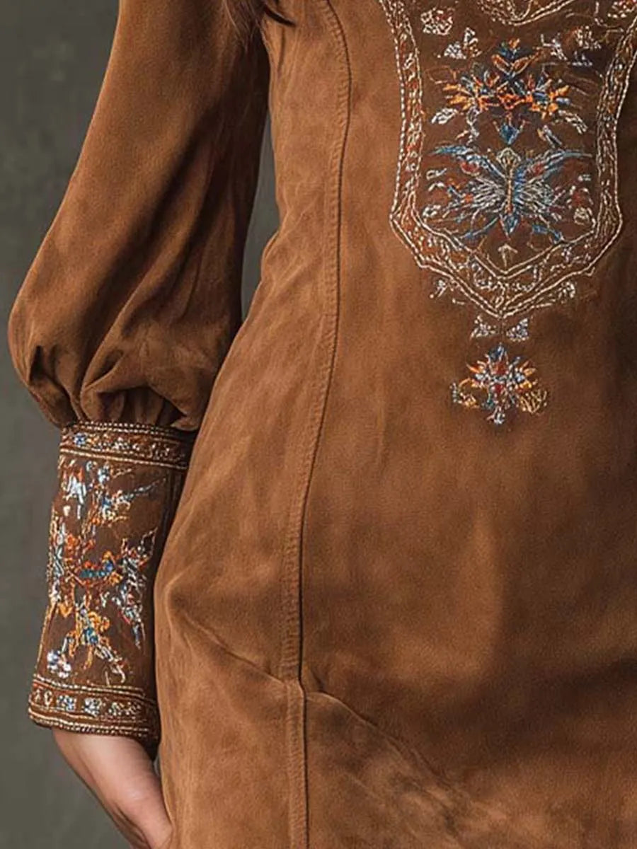 Vintage Suede Embroidered Mini Dress With Long Sleeves