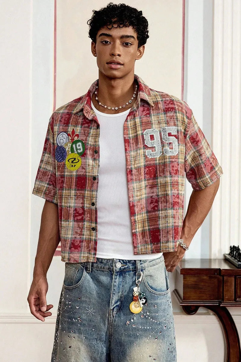 Men Cropped Distressed Plaid Short-Sleeve Shirt with Patches
