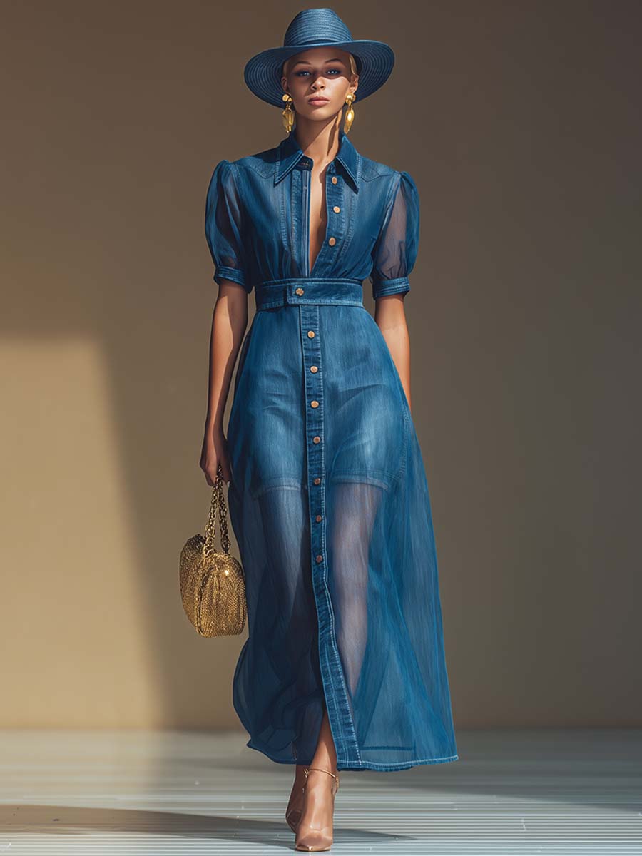 Exquisite Fashionable Front Button V-neck Short-sleeved Outer Cover Organza Blue Denim Maxi Dress