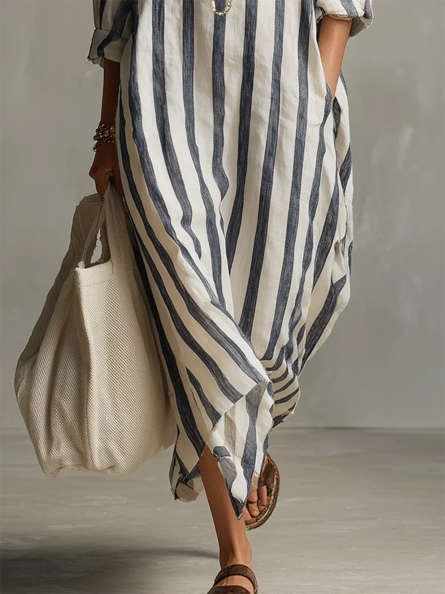 Casual And Cozy Striped Linen-cotton Dress