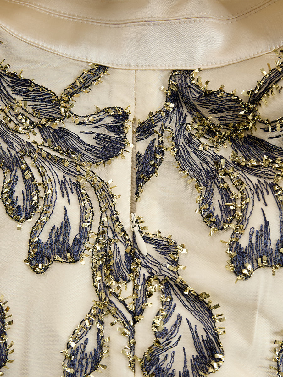 Mooyius Embroidered Mesh Midi Dress With Metallic Leaf Motif