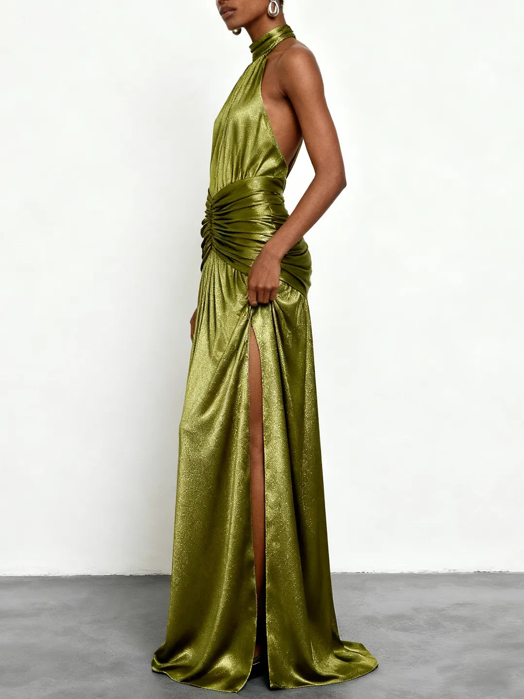 Green Ruched Side-Slit Satin Halter Sleeveless A-Line Gown Dress